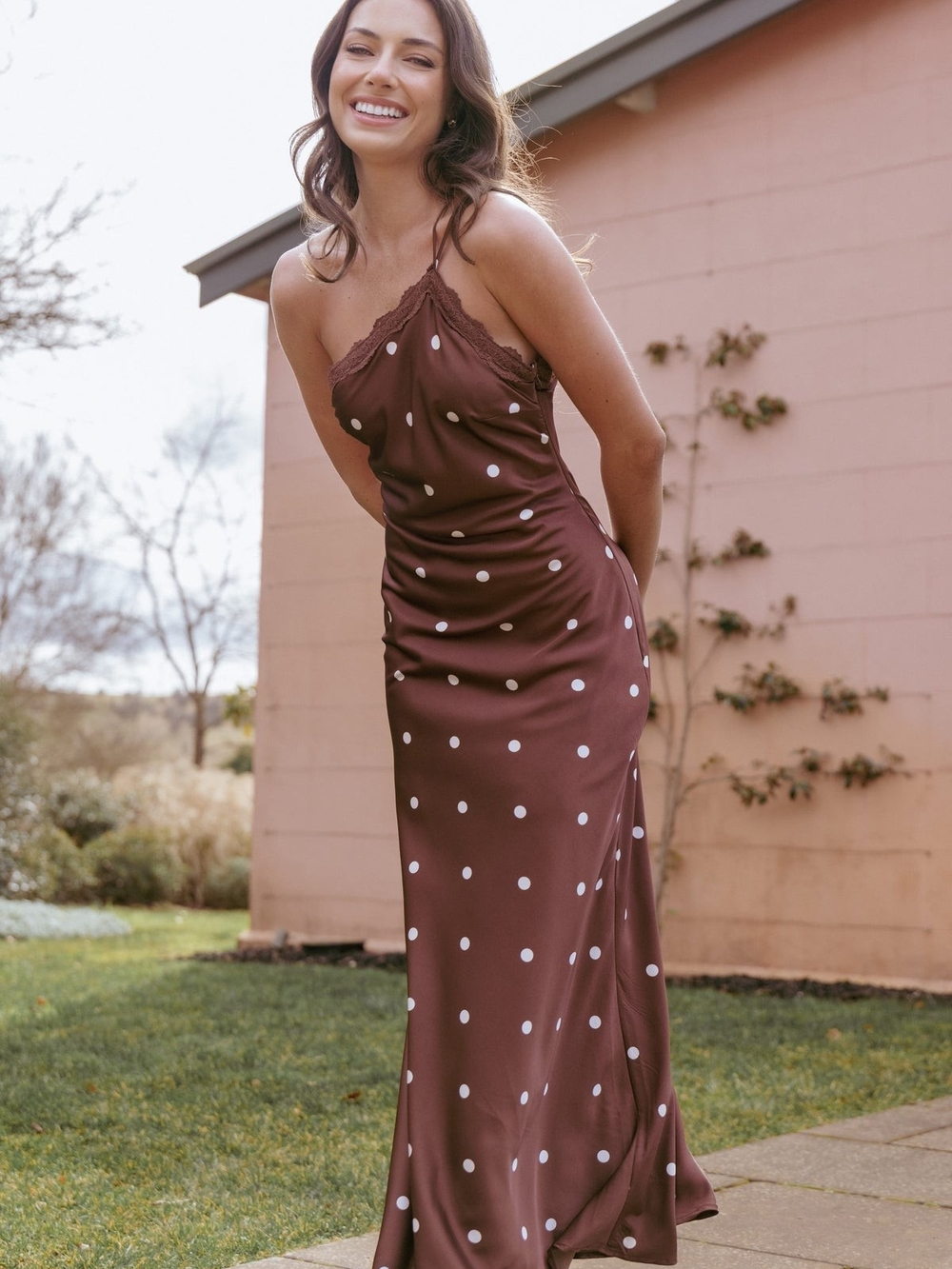 Petal & Pup Anika Brown Polka Dot Lace-Trim Maxi Slip Dress